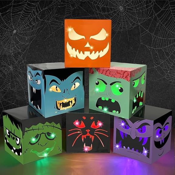 6 Pcs Halloween Party Decoration 11.8 Inch Large Halloween Boxes with String Light Halloween Lanterns Luminous Box Decor Jack O Lantern Blocks