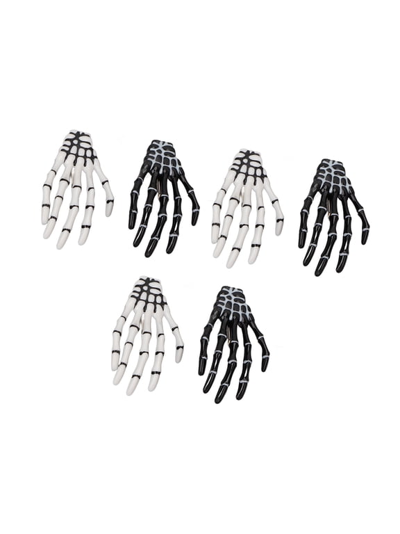 6 Pcs Halloween Skeleton Hands Bone Hair Clips for Women and Girls, Novelty Punk Rock Horror Hair Accessories, Black and White Skull Claw Hairpins for Cosplay Parties and Gothic Styling