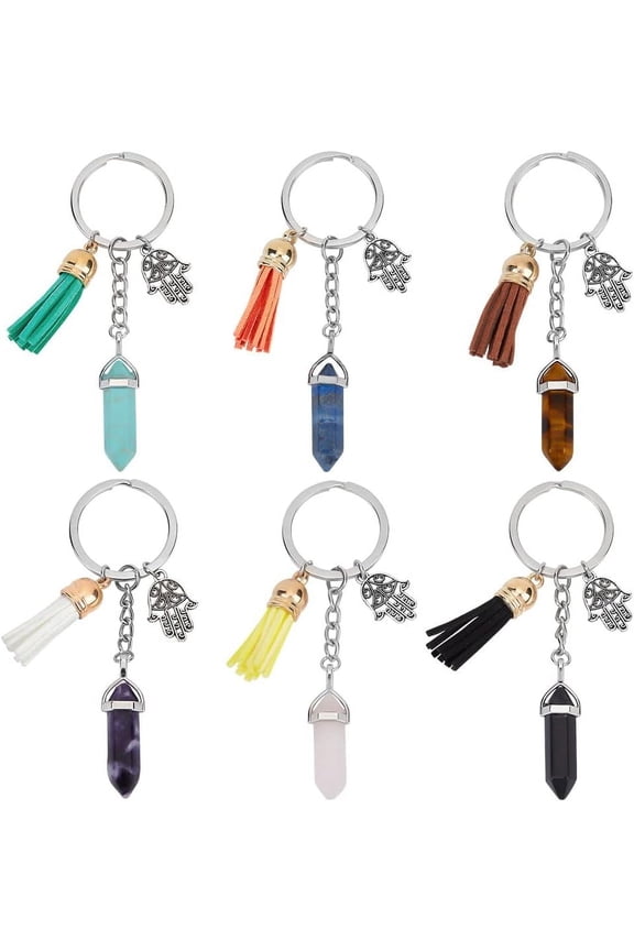 6 Pcs Hamsa Hand Amulet Keychain Natural Gemstone Keychain Charm Tibetan Style Alloy Hamsa Hand with Tassel Pendant Keyring