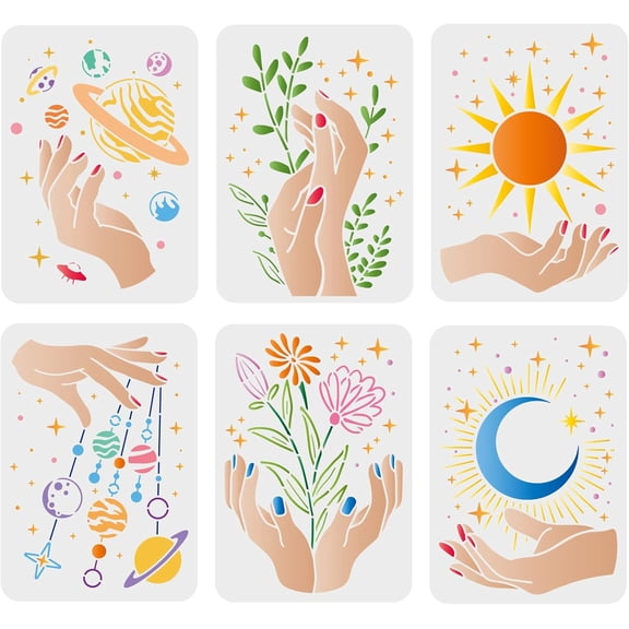 6 Pcs Hand Pattern Stencils 11.7x8.3 Inch Sun Moon Star Plastic Plants Flowers Reusable Cosmic Planet Pattern for Painting on Wood Floor Wall and Tile