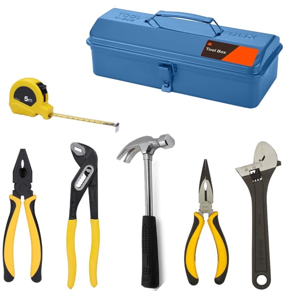 6 Pcs Hand Tool Kit with Metal Tool Box | Includes Combination Plier, Water Pump Plier, Hammer, Adjustable Wrench, Long Nose Plier & 5m Measuring Tape | Home, Garage & DIY Use