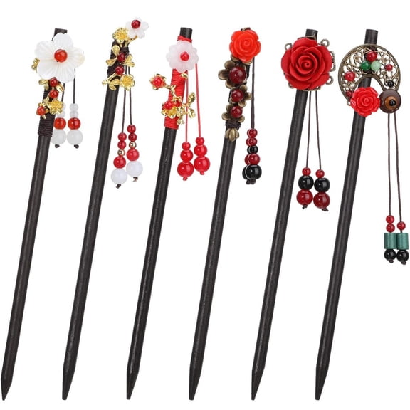 6 Pcs Handmade Floral Wooden Hair Sticks - Vintage Chinese Hair Chopsticks with Tassel for Long Curly Hair, Asian Style Hairpins for Daily & Wedding Use