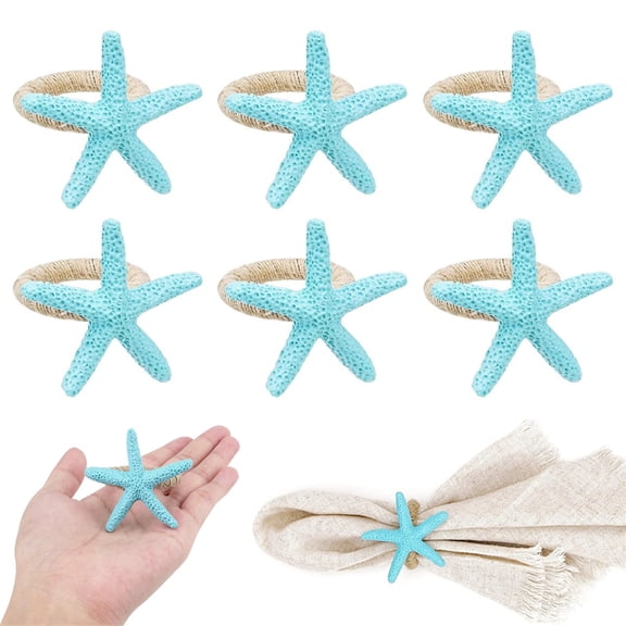 6 Pcs Handmade Starfish Napkin Rings,Rustic Woven Rattan Serviette Buckles,Coastal Beach Themed Napkin Holders,Blue Sea Star Rings,for Summer Wedding Birthday Dinner Party By Scheam