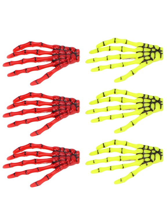 6 Pcs Hands Bone Hair Clips Skeleton Fluorescent Punk Rock Horror Hairpins Yellow & Red Claws Skull Hand Hair Accessories for Women Girls (4.72 inches / 12 cm)