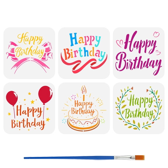 6 Pcs Happy Birthday Text Stencil with Brush 5.9x5.9inch Birthday Cake Ribbon Balloon Stencil Birthday Theme Template for Greeting