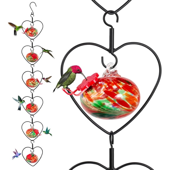 6 Pcs Heart-Shaped Hummingbird Feeder for Outdoors, Flexible Stackable Hand Blown Glass Humming Bird Feeders with 6 Adjustable Perch for Garden Tree Yard Patio Outdoors (Heart Shaped, Red)