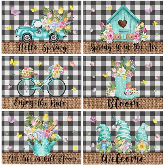 6 Pcs Hello Spring Table Decorations Spring Easter Placemats Flower Table Mats Buffalo Plaid Truck Cabin Placemat Summer Holiday Place Mats for Home Party Dining Table Kitchen Decoration