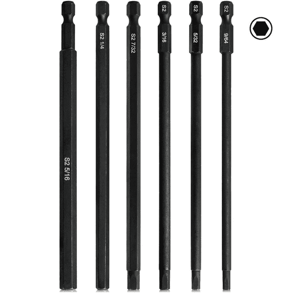 6 Pcs Hex Head Allen Wrench Drill Bits, SAE 9/64", 5/32", 3/16", 7/32", 1/4", 5/16", 1/4 Inch Magnetic Tips Screwdriver Socket Bit Set for Furniture, Long Drill Bit Set, 6" Long