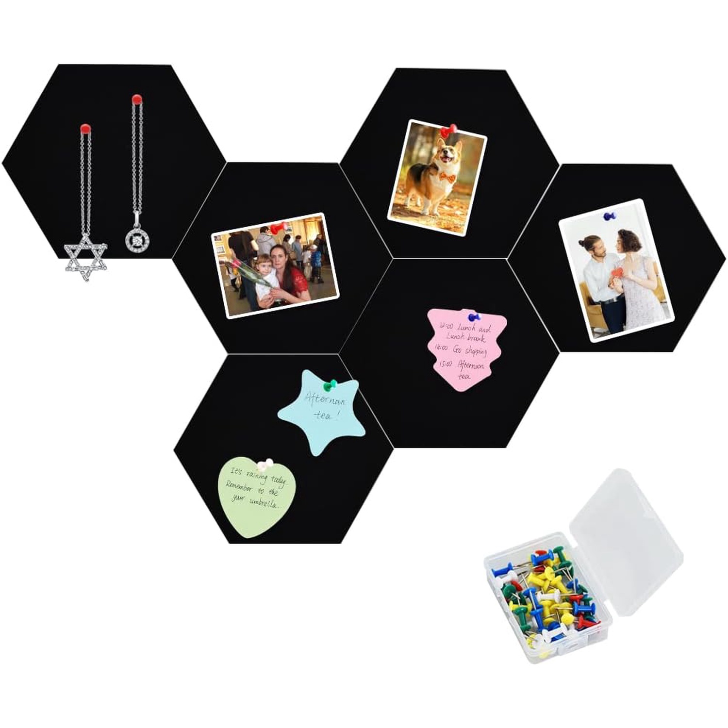 6 Pcs Hexagon Bulletin Board with 50 Pushpins & Sticky Note Adhesive Cork Board for Wall，Felt Pin Board for School，Office Decor（Black）