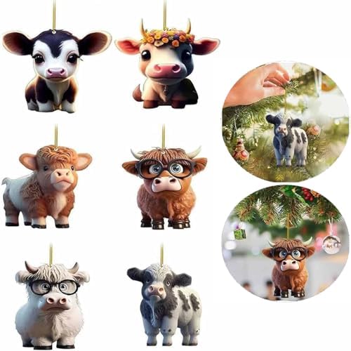 6 Pcs Highland Cow Pendant, Cow Ornaments for Christmas Tree, Mini Cows ...