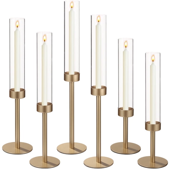 6 Pcs Hurricane Candlestick Holders, Windproof Glass Candle Holders, Matte Gold Cylinder Candle Stick Stands, 3 Heights, Table Centerpieces for Dinner Parties, Weddings
