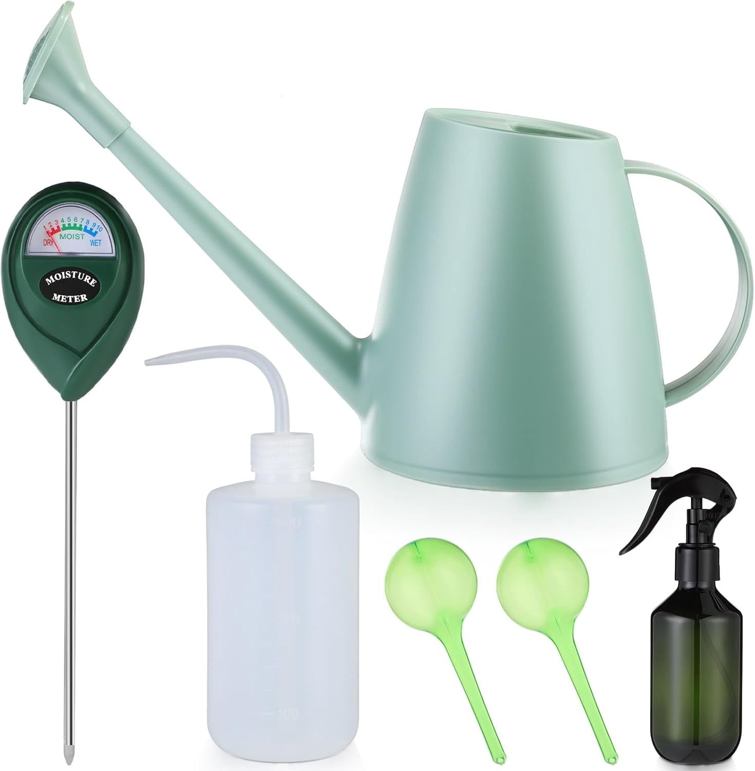 6 Pcs Indoor Watering Can Set 1/2 Gallon 6.8 oz Spray Bottle 17 Squeeze Plant Globes Soil Moisture Meter Small Spraying for Outdoor Plants(Mint Green)
