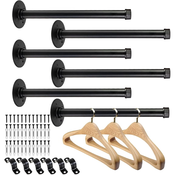 6 Pcs Industrial Pipe Clothes Bar 12 Inch Wall Mount Clothing Rack Black