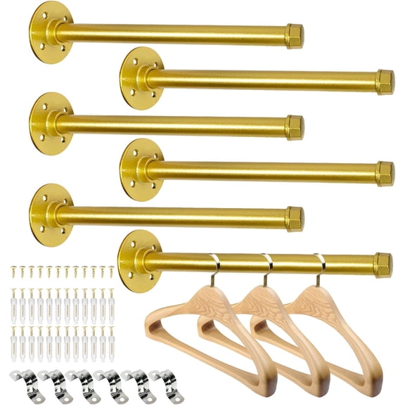 6 Pcs Industrial Pipe Clothes Bar 12 Inch Wall Mount Clothing Rack Golden