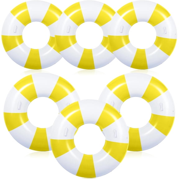 6 Pcs Inflatable Striped Pool Float Large Swim Ring with Handles 47.24 Inch 35.43 Inch Pool Inner Tubes Lounger Float for Teens Adults Summer Beach Party Supplies(Yellow White)