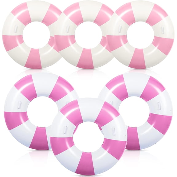 6 Pcs Inflatable Striped Pool Float Large Swim Ring with Handles 47.24 Inch 35.43 Inch Pool Inner Tubes Lounger Float for Teens Adults Summer Beach Party Supplies(Pink White)