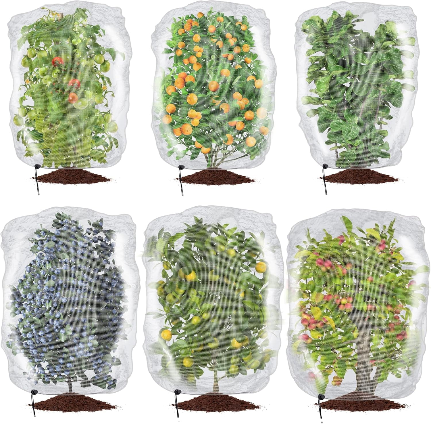 6 Pcs Insect Bird Barrier Tree Net with Drawstring, 2 Sizes Garden Bird Netting Plant Cover, Fruit Tree Netting for Protect Plants Fruits Flowers from Insect Bird Eating