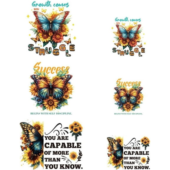 6 Pcs Iron on Decals Patches 6 Sizes Butterflies Flowers Iron on Stickers Inspirational Quotes Heat Transfer Stickers Plastic Washable Patches for Clothes Backpacks Cover