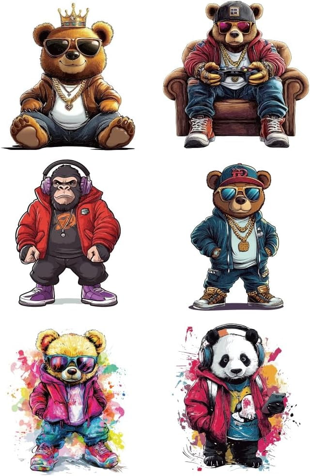 Iron Sticker 6 Pcs Iron on Decals Patches 6 Sizes Hip-hop Animals Iron on Stickers ...