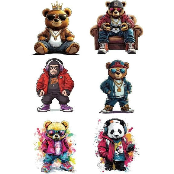 6 Pcs Iron on Decals Patches 6 Sizes Hip-hop Animals Iron on Stickers Fashion Bear Monkey Panda Heat Transfer Stickers Plastic Washable Patches for DIY Clothes Decor Backpacks Cover