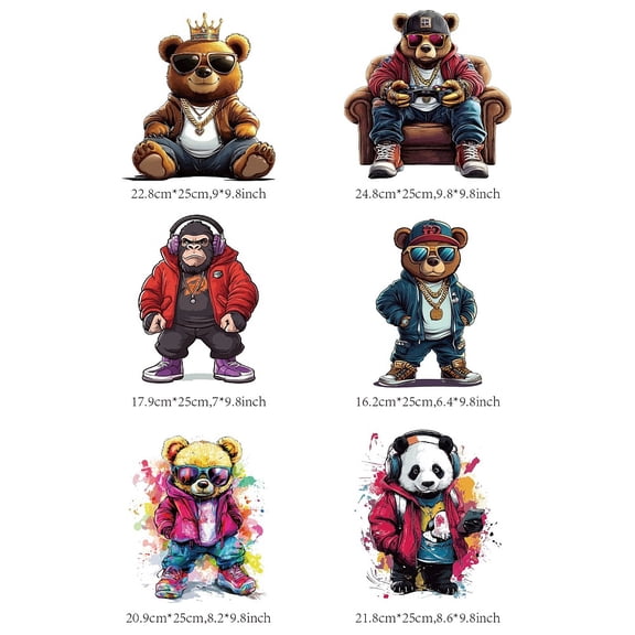 6 Pcs Iron on Decals Patches 6 Sizes Hip-hop Animals Iron on Stickers Fashion Bear Monkey Panda Heat Transfer Stickers Plastic Washable Patches for DIY