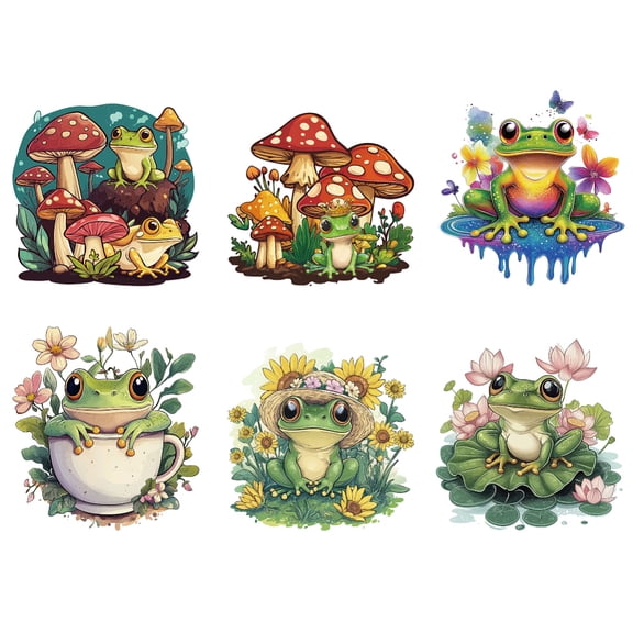 6 Pcs Iron on Decals Patches 6 Sizes Frog Animal Mushroom Iron on Stickers Flowers Butterfly Heat Transfer Stickers PET Washable
