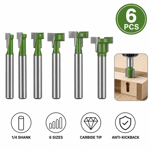 6 Pcs Keyhole Router Bits Set 1/4" Shank T-Slot Cutters 1/4" to 5/8" Blade Diameter for Hanging Picture Frames