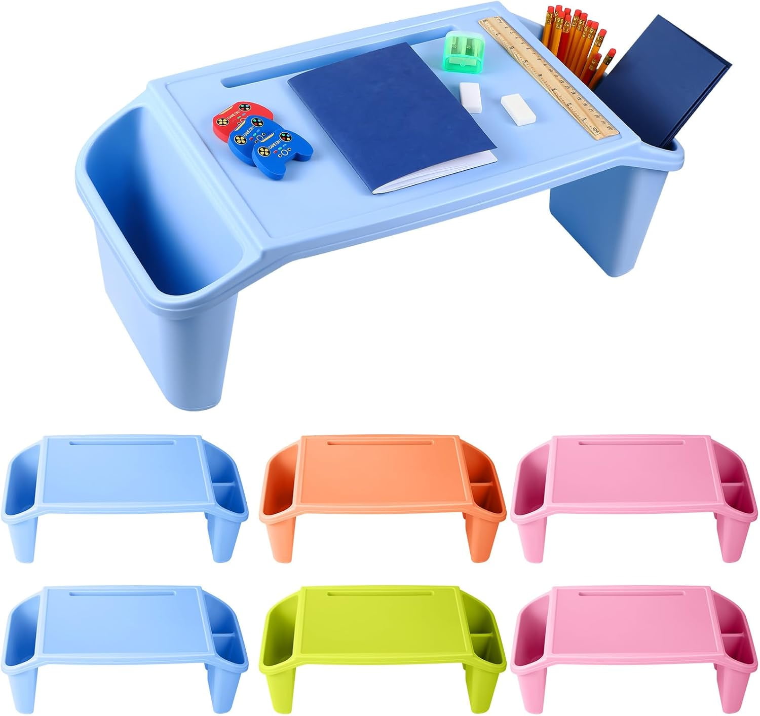 6 Pcs Kids Lap Desk Tray Plastic Portable Desk with 3 Compartments Bed Tables for Eating and Laptops Lap Desk with Storage Car Floor Serving Lap Tray for Kids Classroom Activity Travel