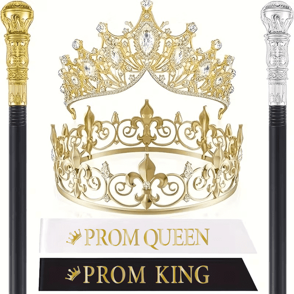 6 Pcs King and Queen Crown Set with Sashes and Scepters Gold Royal Crown Costume Accessories for Party Birthday Graduation Celebration Prom Outfit Set for Couples Stage Performance Decoration