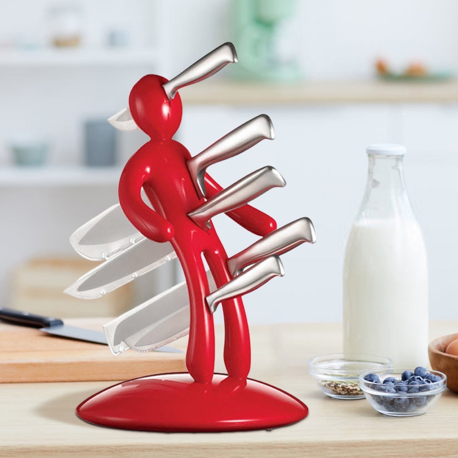 6 Pcs Kitchen Knife Set Unique Little Person Knife Set With Stable Base Funny Stabbing Little Man Knife Stand-Red