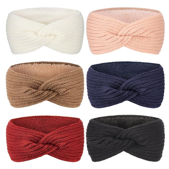 6 Pcs Knit Ear Warmer Headband for Women Fuzzy Wool Fleece Lined Elastic Turban Head Wrap Winter Accessories for Women Cold Weather