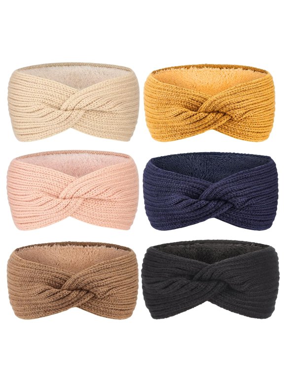 6 Pcs Knit Ear Warmer Headband for Women Fuzzy Wool Fleece Lined Elastic Turban Head Wrap Winter Accessories for Women Cold Weather