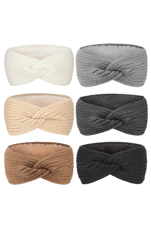 6 Pcs Knit Ear Warmer Headband for Women Fuzzy Wool Fleece Lined Elastic Turban Head Wrap Winter Accessories for Women Cold Weather