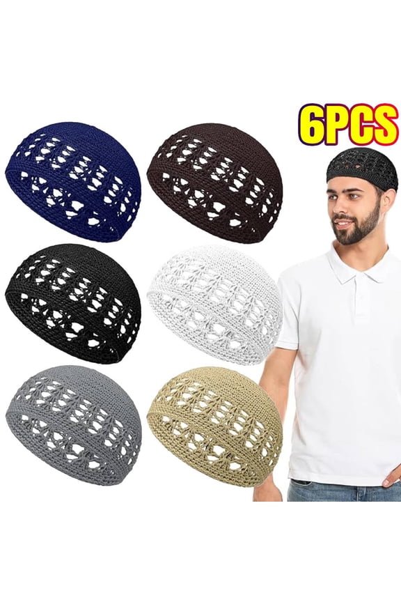 6 Pcs Kufi Hat for Men Muslim Knit Kufi Cap Crochet Beanie Skull Beanie African Hat for Men Women
