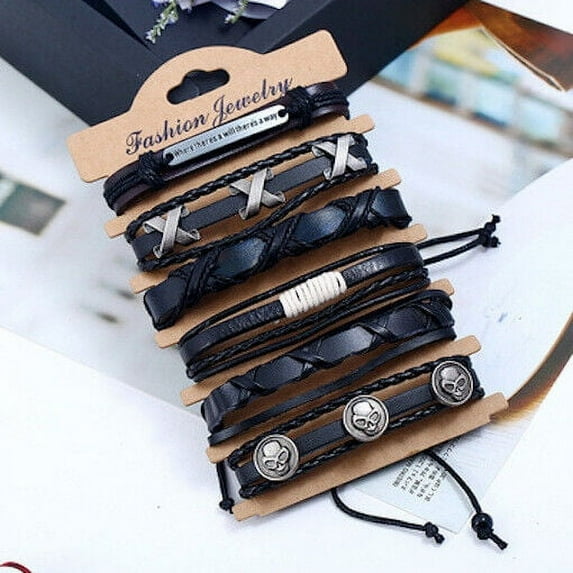 6 Pcs LEATHER BRACELET CUFF BANGLE BLACK WRISTBAND MEN WOMEN SKULL