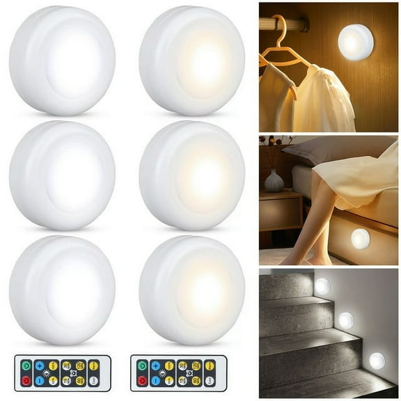 6 Pcs LED Puck Lights with Remote, Wireless LED Closet Lights Battery Operated, Under Cabinet Lighting, Dimmable Cabinet Light for Kitchen Stairs Bathroom Bedroom
