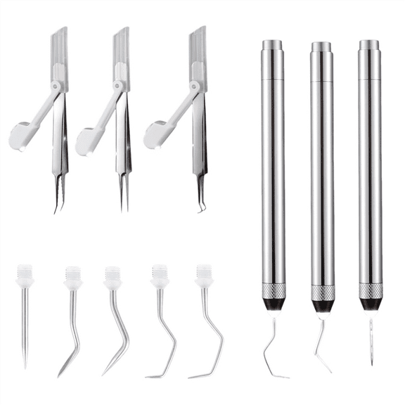 6 Pcs LED Weeding Tools Set for Vinyl, 3 Led Pen with 5 Pin and Hook, with Light Weeding Hook Tweezers (Silver)
