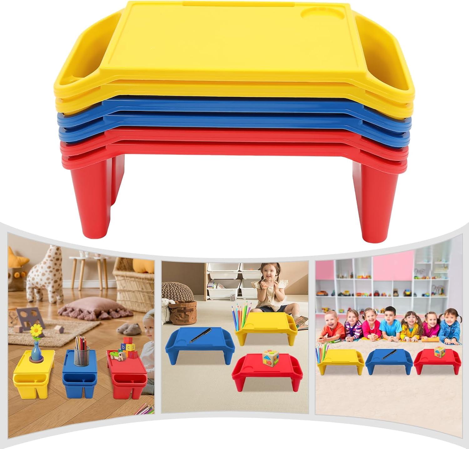 6 Pcs Lap Desk Tray, Portable Colorful Rectangular Kids Lap Bed Table, Plastic Breakfast Laptop Trays with Side Pockets, Stackable Lap Desk for Coloring Books Books Snacks