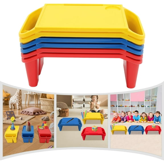 6 Pcs Lap Desk Tray, Portable Colorful Rectangular Kids Lap Bed Table, Plastic Breakfast Laptop Trays with Side Pockets, Stackable Lap Desk for Coloring Books Books Snacks