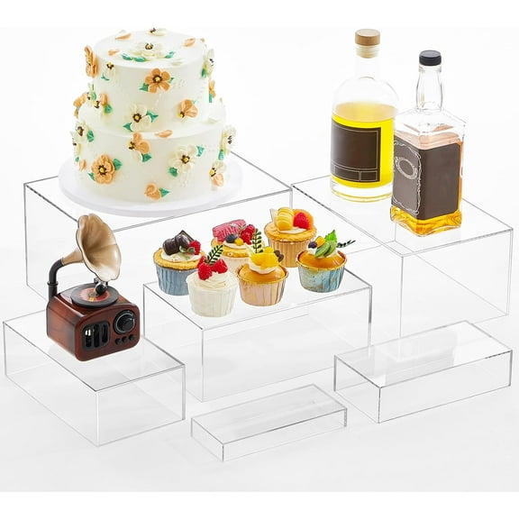 6 Pcs Large Buffet Risers, 7 to 12 Inch Catering Dessert Table Risers Food Decorative Stands with hollow bottom for Catering Supplies, Party(Clear, Rectangle)
