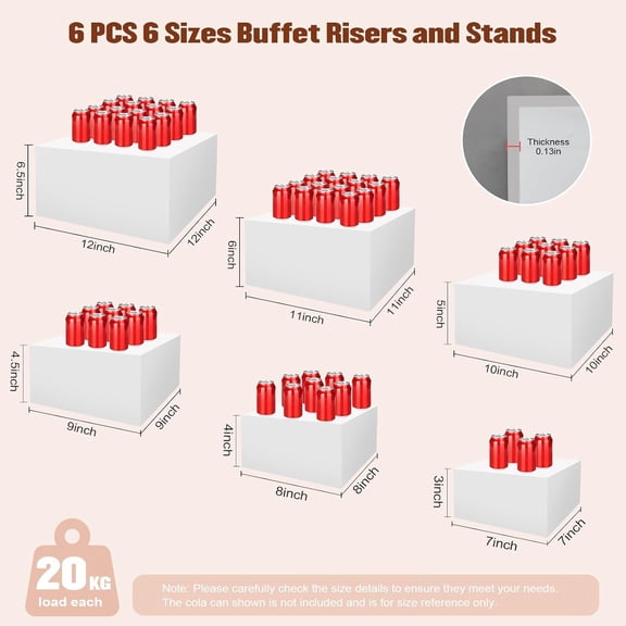 6 Pcs Large Buffet Risers 7 to 12 Acrylic Cupcake Stand Dessert Table Display Set Hollow Bottom Food Risers for Buffet Party Event Retail White