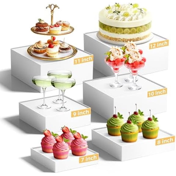 6 Pcs Large Buffet Risers Display Stands Set 7" to 12"- Acrylic Food & Dessert Table Display Stand Shelf for Party, Catering, Jewelry, Collectibles, White Cube Storage Boxes