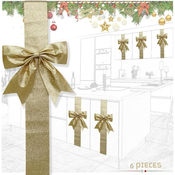 6 Pcs Large Christmas Cabinet Bows, 8x40" Christmas Red Ribbon Easy to Install on Cabinet Door, Christmas Wreath Tree Bow Festival Wrapping Decorations for Home Fireplace Door Holiday Party Supplies