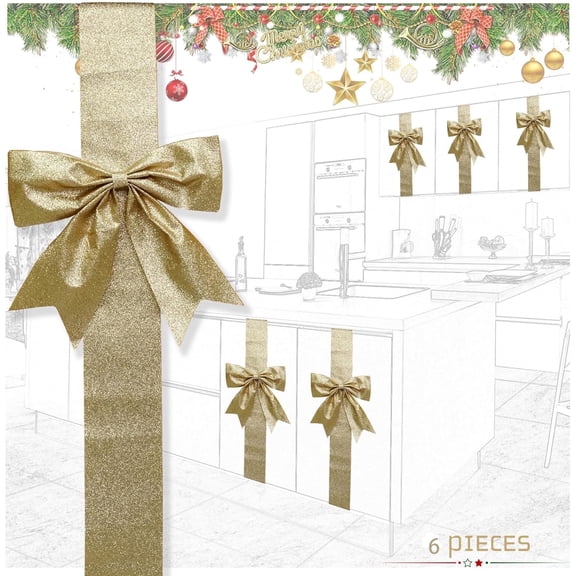 6 Pcs Large Christmas Cabinet Bows, 8x40" Christmas Gold Ribbon Easy to Install on Cabinet Door, Christmas Wreath Tree Bow Festival Decorations for Home Fireplace Door Holiday Party Wedding Supplies