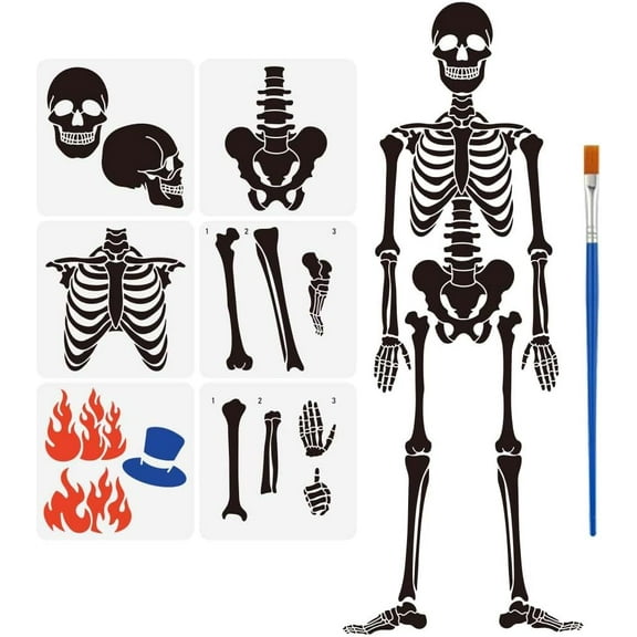 6 Pcs Large Combination with Brush 11.8x11.8inch Plastic PET Painting Stencil Sternum Stencil Hand Bones Leg Bones Template for DIY Crafts Handwork Projects
