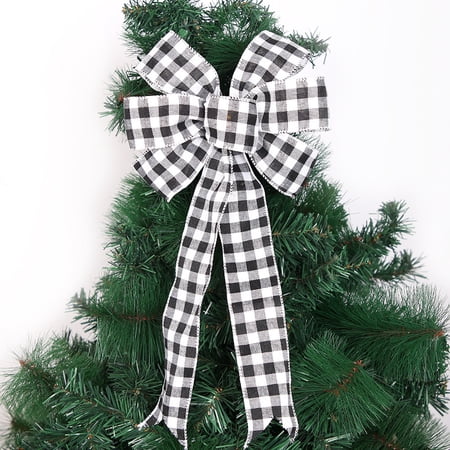 6 Pcs Large Fall Thanksgiving Christmas Bow - 13.4x8.2 Inch Black White Buffalo Plaid Bow Christmas Tree Topper Bow for Home (Black and White)