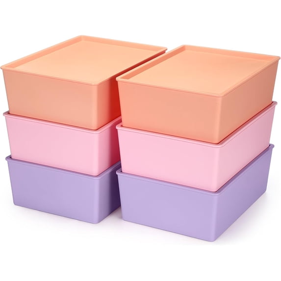 6 Pcs Large Plastic Storage Bins with Lids 14.4 x 10.4 x 5.1 Inch Stackable Storage Containers Decorative Cubby Organizer for Clothes Shelves Garage Closet Office (Pastel)
