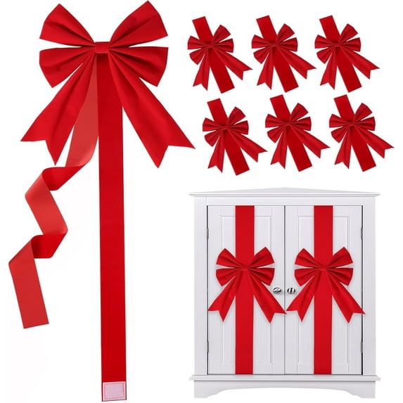 6 Pcs Large Red Christmas Cabinet Bows, Christmas Red Ribbon Easy to Install on Cabinet Door, Christmas Wreath Tree Bow Festival Wrapping Decorations for Home Fireplace Door Holiday Party Supplies