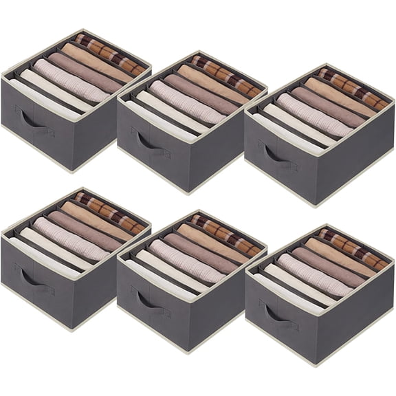 6 Pcs Large Size Closet Drawer Organizers with 6 Grids for Pants, Jeans, Sweaters, T-Shirts, Dresses - Stackable Storage Bins with Sturdy Handles, Dark Grey