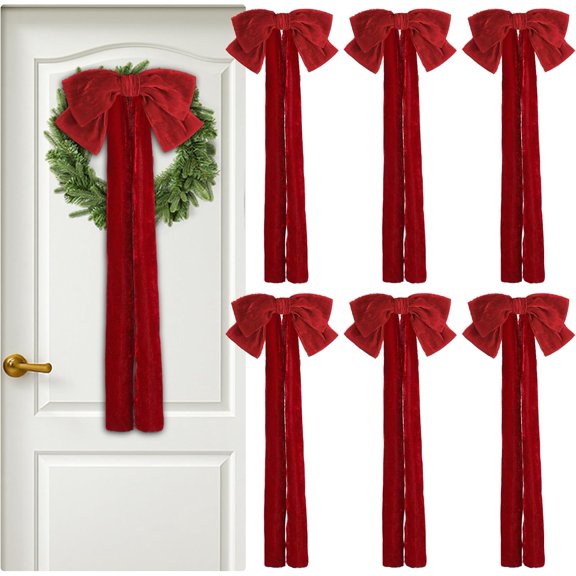 6 Pcs Large Velvet Bows for Chrisas Tree, Burgundy, Two-ear